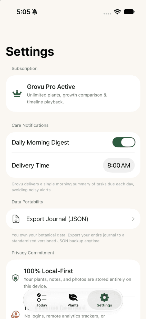 Grovu Settings & Local-First Privacy
