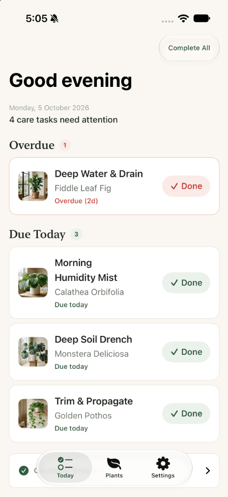 Grovu Today Screen - Daily Care Rhythms
